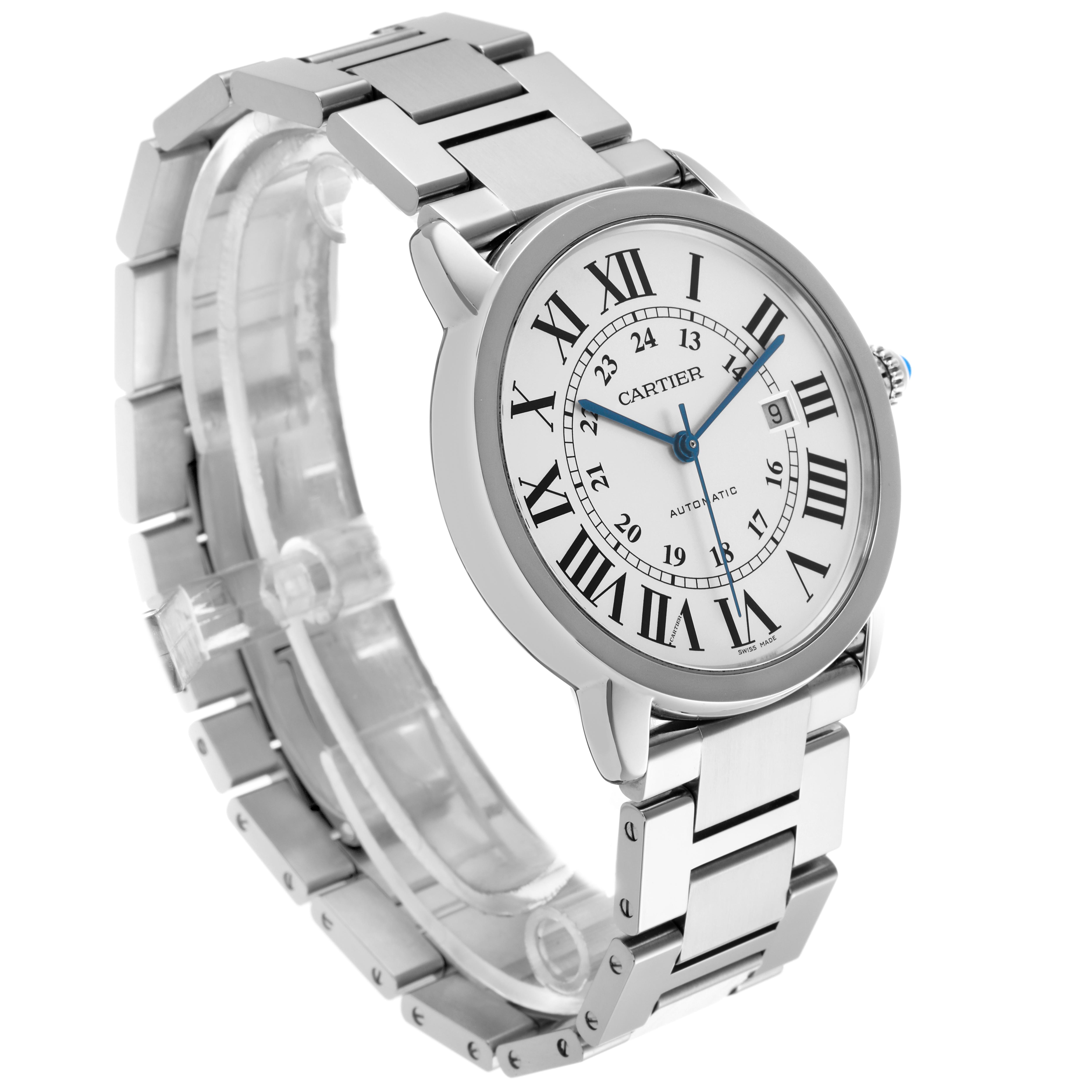 The Cartier Ronde W6701011 Men's Stainless Steel Silver Dial W6701011 Men's Stainless Steel Silver Dial watch is shown at a slight angle, highlighting its face, bezel, and metal bracelet.
