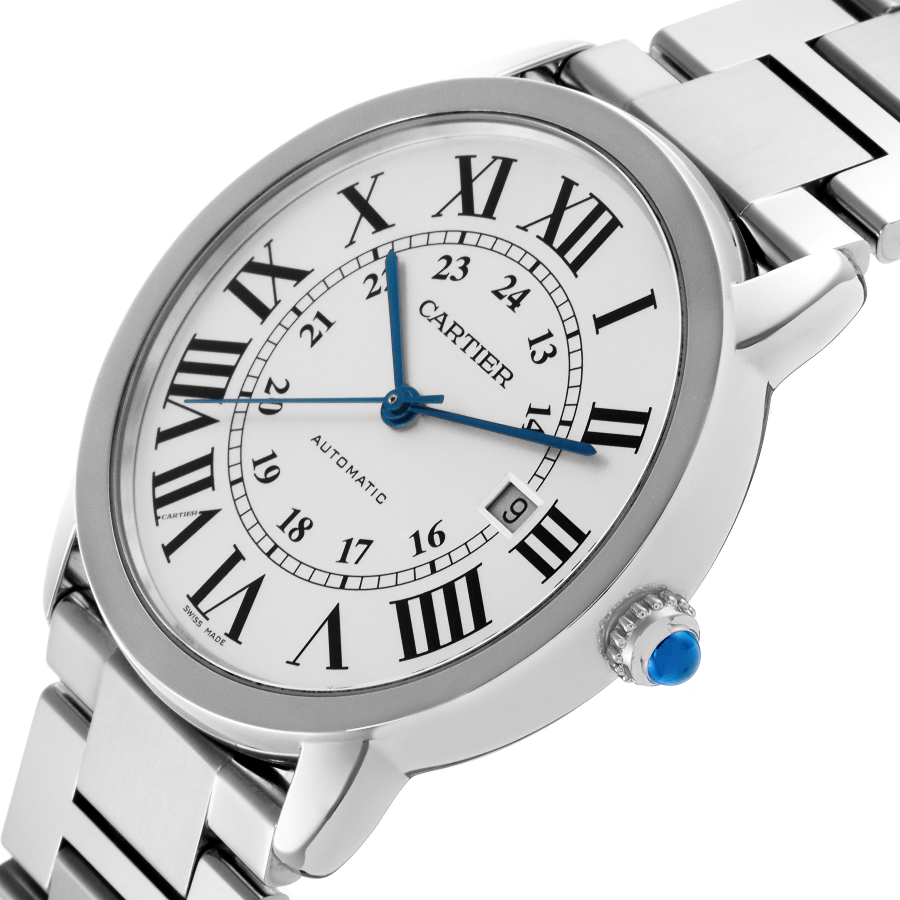 The Cartier Ronde W6701011 Men's Stainless Steel Silver Dial W6701011 Men's Stainless Steel Silver Dial watch is shown at a tilted angle, displaying its face, numeral markers, blue hands, and metal bracelet.