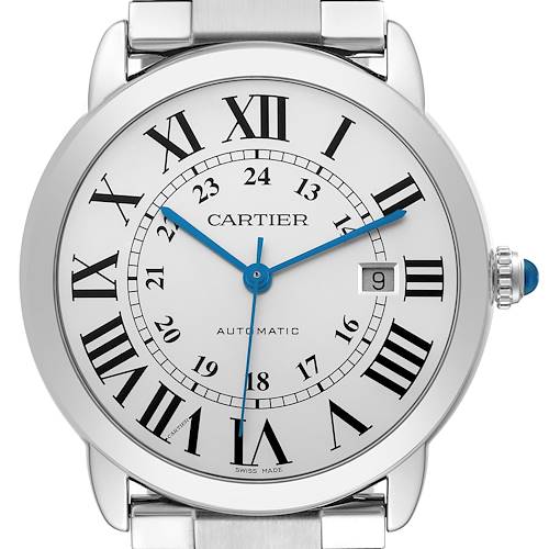 The Cartier Ronde W6701011 Men's Stainless Steel Silver Dial W6701011 Men's Stainless Steel Silver Dial watch is shown from the front, displaying the dial, Roman numerals, date window, and blue hands.