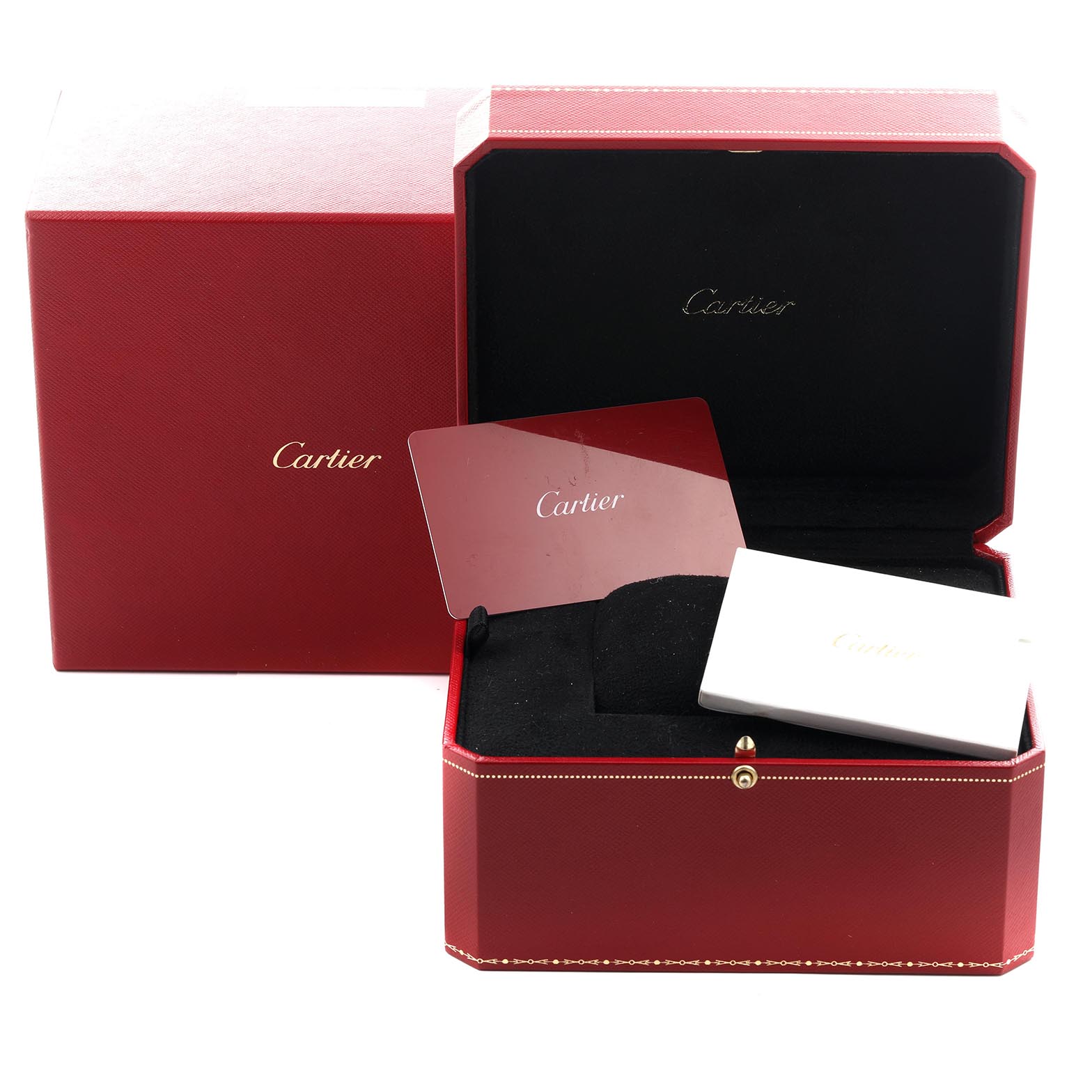 The image shows the Cartier Ronde W6701011 Men's Stainless Steel Silver Dial W6701011 Men's Stainless Steel Silver Dial model packaging, including a red box, warranty card, and booklet.