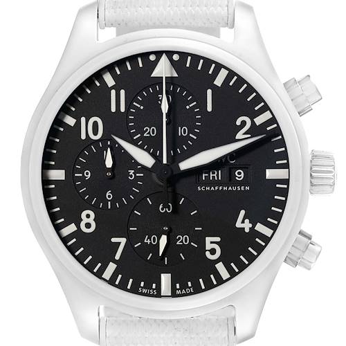 The IWC Pilot IW389105 Men's Ceramic Black Dial IW389105 Men's Ceramic Black Dial model watch is shown from a top-down angle, displaying its face, dials, and side crown.