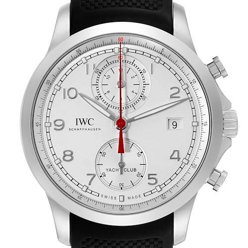 This is a front view of the IWC Portuguese IW390502 Men's Stainless Steel Silver Dial IW390502 Men's Stainless Steel Silver Dial Yacht Club watch showing the dial, crown, and pushers.