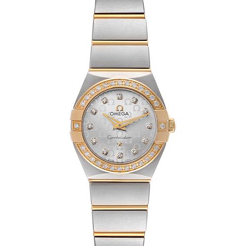 The image shows a full frontal view of the Omega 123.25.24.60.52.002 Women's Steel and Gold (two tone) Silver Dial 123.25.24.60.52.002 Women's Steel and Gold (two tone) Silver Dial Constellation Steel Yellow Gold Diamond Ladies Watch model 123.25.24.60.52.002.
