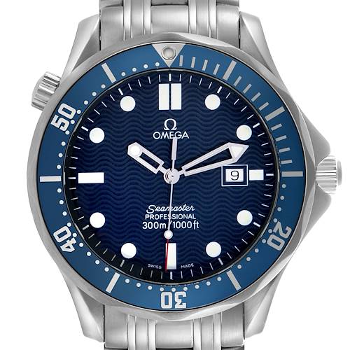 The Omega Seamaster 2541.80.00 Men's Stainless Steel Blue Dial 2541.80.00 Men's Stainless Steel Blue Dial watch is shown from a front view, highlighting its blue dial, bezel, crown, and stainless steel bracelet.