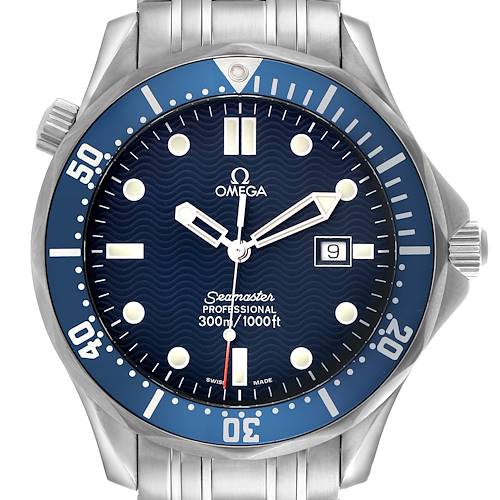 The Omega Seamaster 2541.80.00 Men's Stainless Steel Blue Dial 2541.80.00 Men's Stainless Steel Blue Dial watch is shown from a front view, highlighting the dial, bezel, crown, and part of the bracelet.