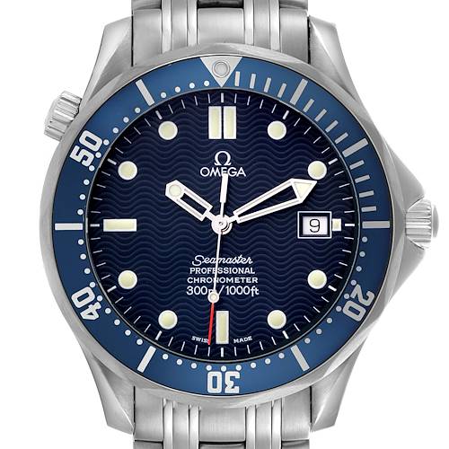 The Omega Seamaster 2531.80.00 Men's Stainless Steel Blue Dial 2531.80.00 Men's Stainless Steel Blue Dial watch is shown from the front, displaying the dial, bezel, hands, crown, and part of the bracelet.