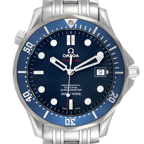 The image shows a front view of the Omega Seamaster 2220.80.00 Men's Stainless Steel Blue Dial 2220.80.00 Men's Stainless Steel Blue Dial watch, highlighting the dial, bezel, and date window.