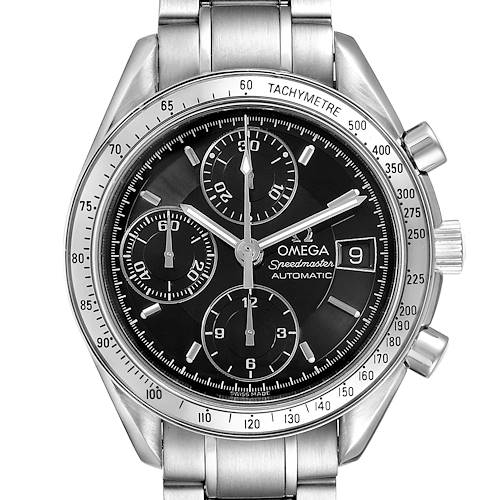 This image shows a frontal view of an Omega Speedmaster 3513.50.00 Men's Stainless Steel Black Dial 3513.50.00 Men's Stainless Steel Black Dial watch featuring its dial, stainless steel band, and tachymeter bezel.