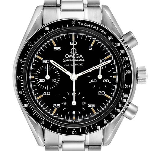 This image shows a front view of the Omega Speedmaster 3510.50.00 Men's Stainless Steel Black Dial 3510.50.00 Men's Stainless Steel Black Dial watch, highlighting the dial, tachymeter bezel, and chronograph functions.