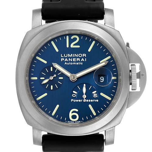 This image shows a frontal view of the Panerai Luminor PAM00093 Men's Titanium Blue Dial PAM00093 Men's Titanium Blue Dial model watch, highlighting the dial, hands, date, and power reserve indicator.