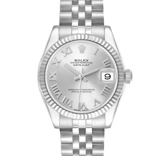 The Rolex Datejust Mid-Size watch is shown from the front, displaying its dial, hands, date window, fluted bezel, and bracelet.