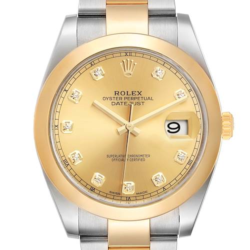 This image shows a front view of the Rolex Datejust 41 126303 Men's Steel and Gold (two tone) Champagne Dial 126303 Men's Steel and Gold (two tone) Champagne Dial watch, highlighting its gold dial, bezel, and two-tone bracelet.