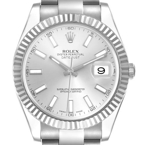 The image shows a frontal view of a Rolex Datejust 41 116334 Men's Stainless Steel Silver Dial 116334 Men's Stainless Steel Silver Dial, highlighting the dial, fluted bezel, and part of the bracelet.