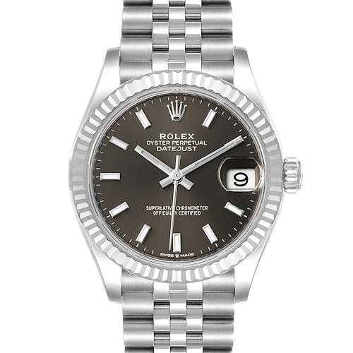 The Rolex Mid-Size 278274 Women's Stainless Steel Grey Dial 278274 Women's Stainless Steel Grey Dial Oyster Perpetual Datejust watch is shown from a front angle, displaying its dial, hands, date window, and bracelet.