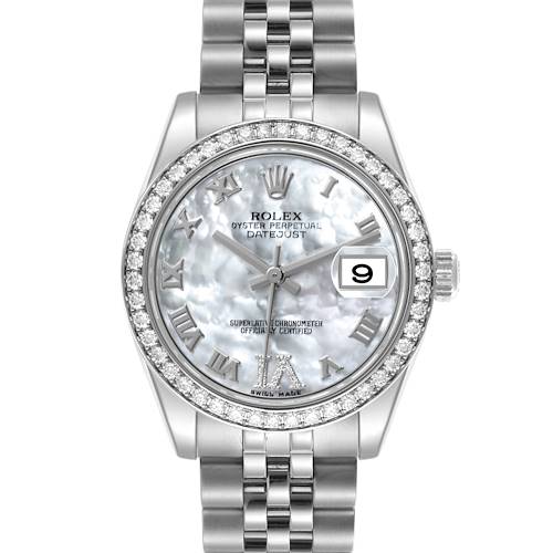 The Rolex Mid-Size 178384 Women's Stainless Steel Mother of Pearl Dial 178384 Women's Stainless Steel Mother of Pearl Dial watch is shown from the front, displaying the face, diamonds on the bezel, and bracelet links.