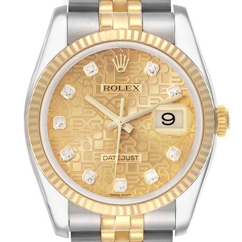 The image shows a Rolex Datejust 116233 Men's Steel and Gold (two tone) Champagne Dial 116233 Men's Steel and Gold (two tone) Champagne Dial watch from a front angle, highlighting the gold dial, diamond hour markers, and fluted bezel.