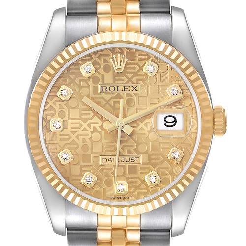 The image shows a front view of the Rolex Datejust 116233 Men's Steel and Gold (two tone) Champagne Dial 116233 Men's Steel and Gold (two tone) Champagne Dial, highlighting its gold and diamond-embellished dial and two-tone bracelet.