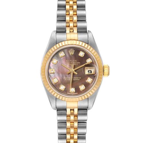 This image shows a front view of a Rolex Datejust 79173 Women's Steel and Gold (two tone) Mother of Pearl Dial 79173 Women's Steel and Gold (two tone) Mother of Pearl Dial watch featuring a two-tone band, fluted bezel, and diamond hour markers.