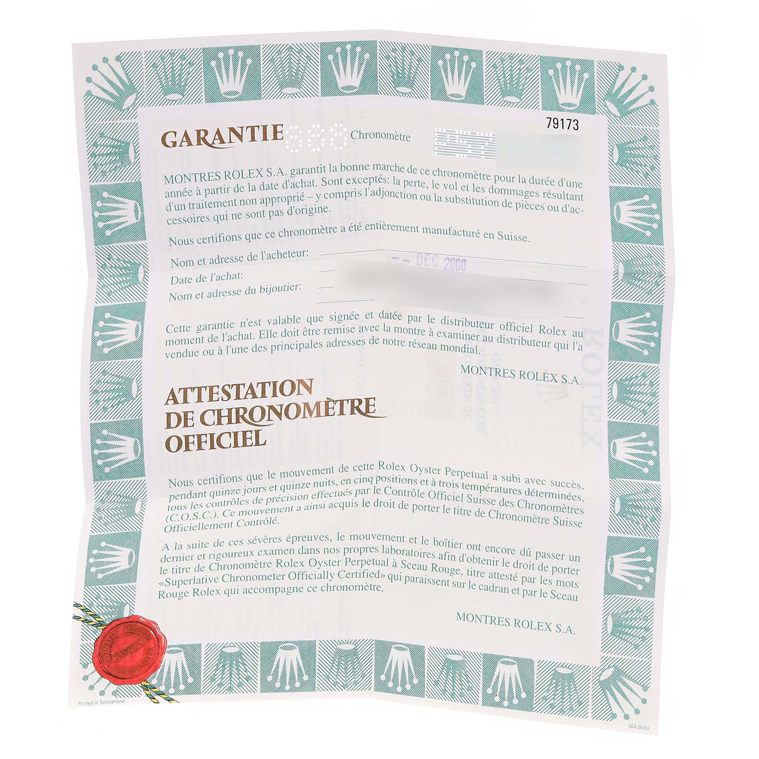 The image shows a warranty and chronometer certificate for a Rolex Datejust 79173 Women's Steel and Gold (two tone) White Dial 79173 Women's Steel and Gold (two tone) White Dial watch, highlighting brand authenticity.