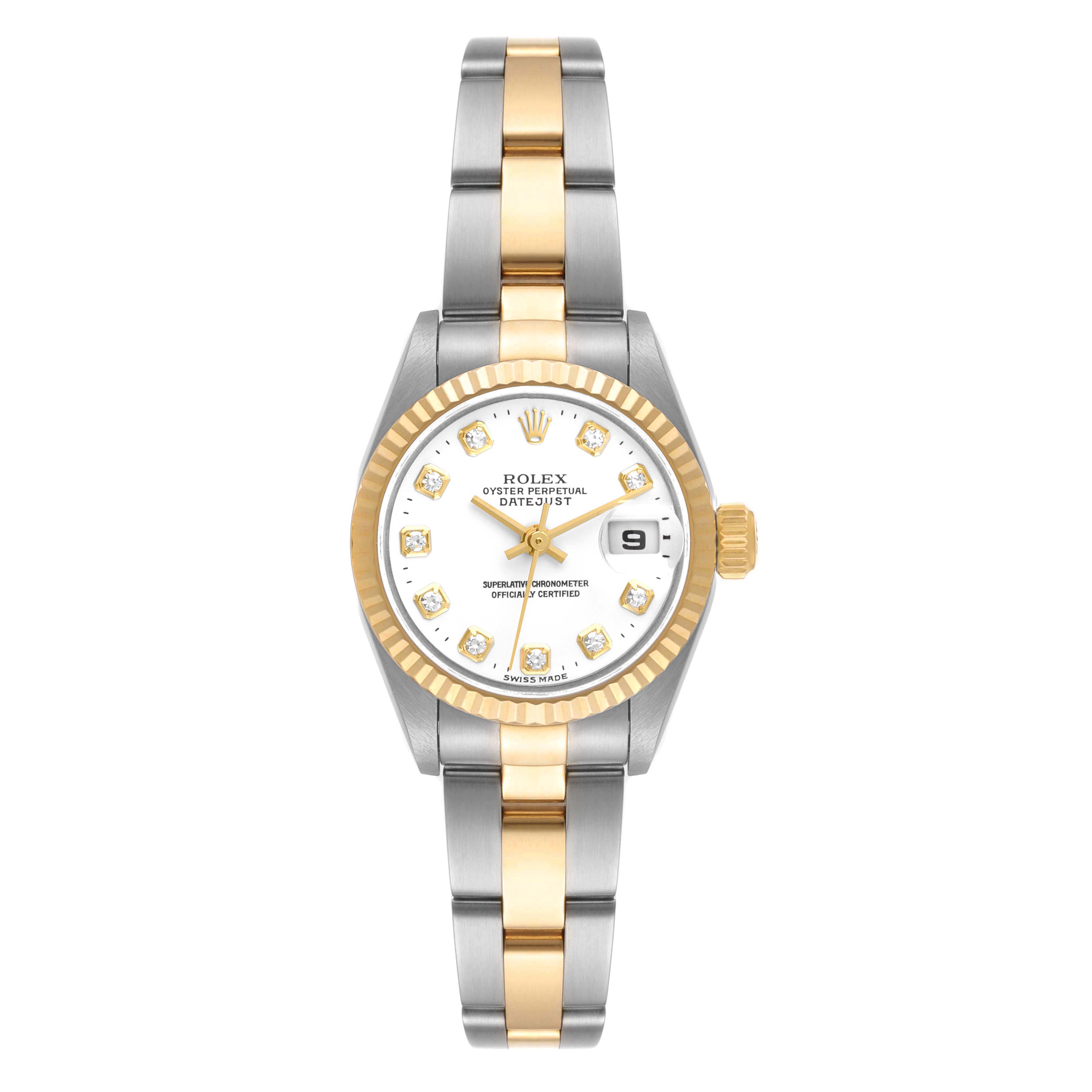 This Rolex Datejust 79173 Women's Steel and Gold (two tone) White Dial 79173 Women's Steel and Gold (two tone) White Dial watch is shown from a front angle, highlighting its two-tone bracelet, fluted bezel, and white dial with diamond markers.