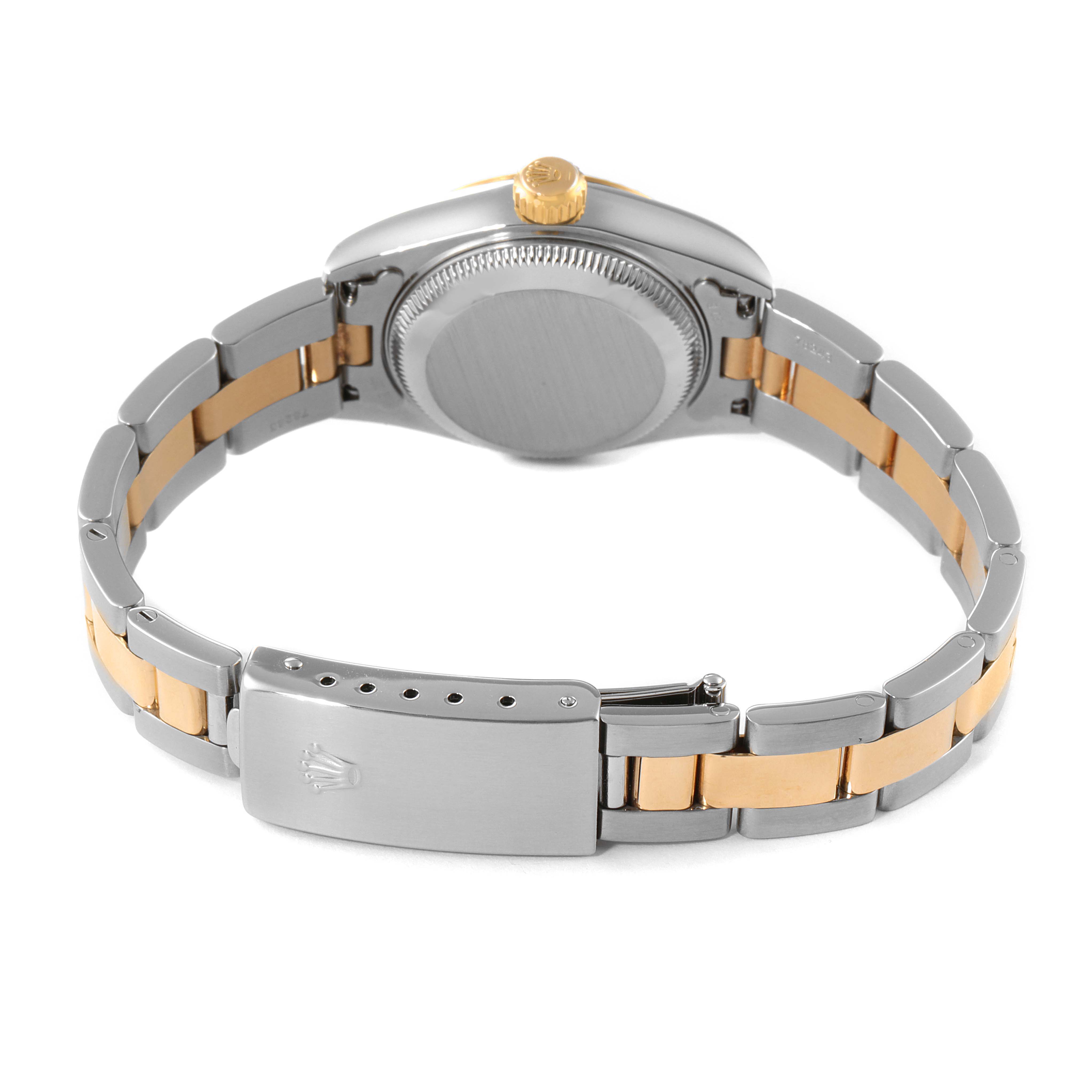 The image shows the back view of a Rolex Datejust 79173 Women's Steel and Gold (two tone) White Dial 79173 Women's Steel and Gold (two tone) White Dial watch, featuring its case back, crown, and two-tone bracelet.