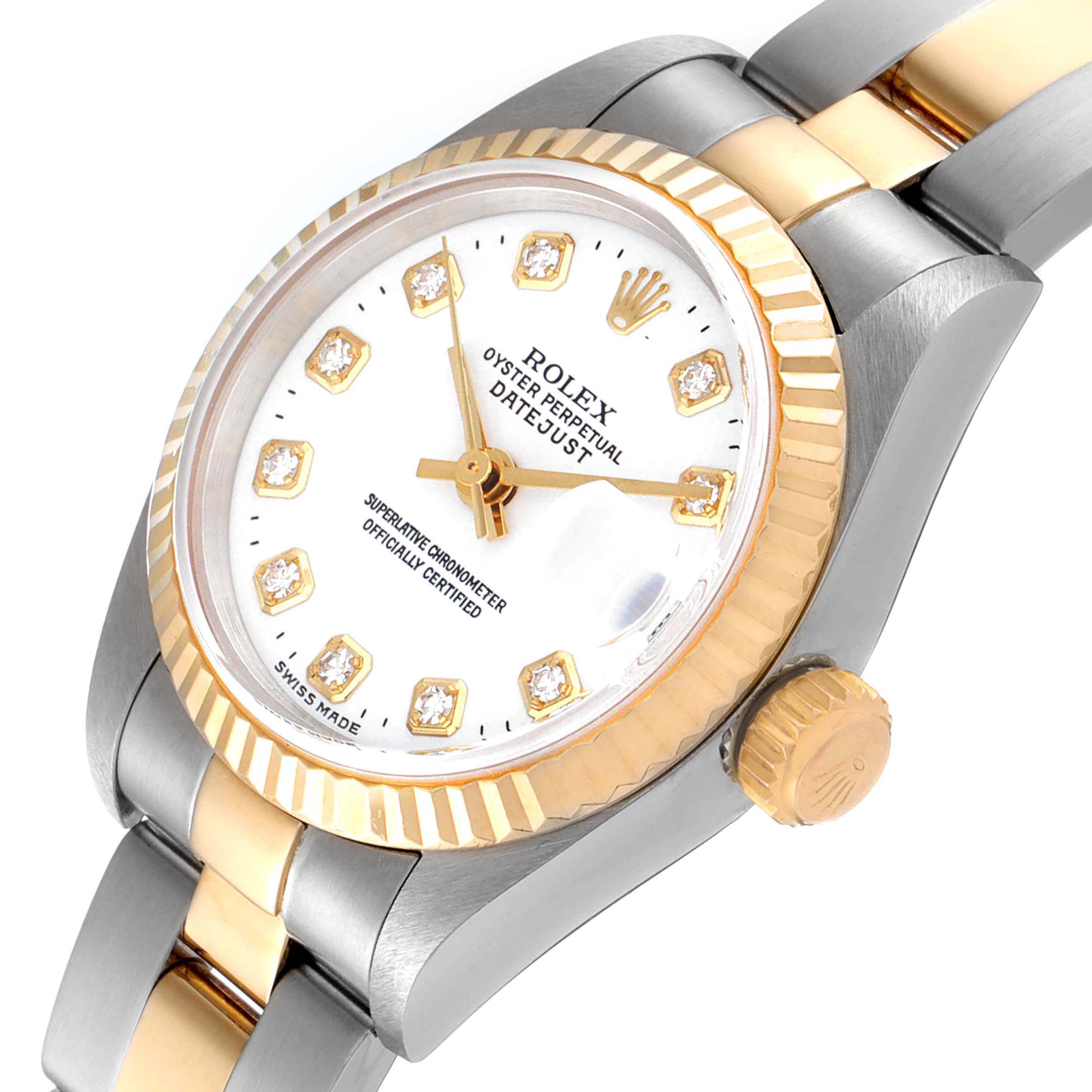 This image shows a side-angle view of the Rolex Datejust 79173 Women's Steel and Gold (two tone) White Dial 79173 Women's Steel and Gold (two tone) White Dial watch, highlighting the dial, bezel, bracelet, and crown.