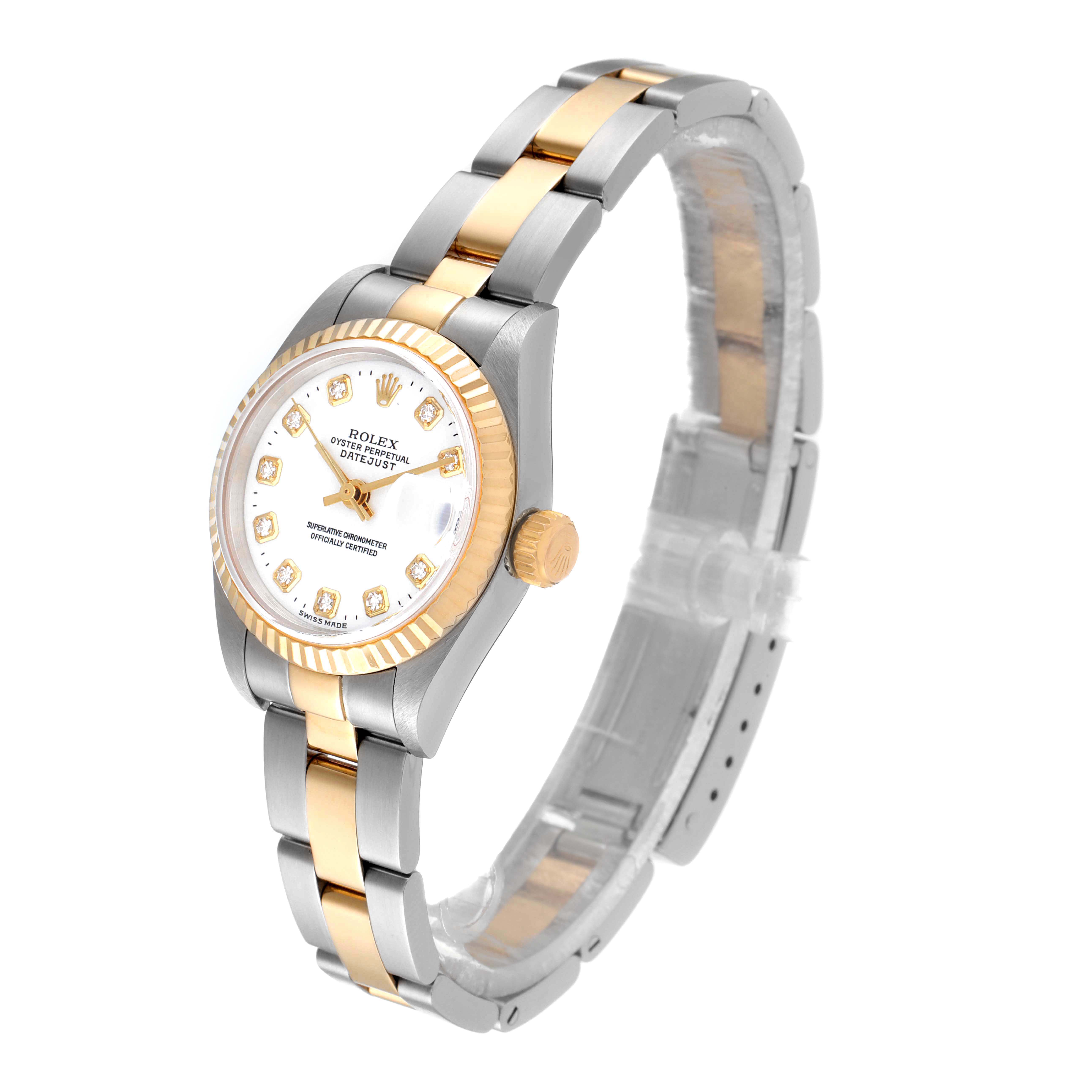The image shows a Rolex Datejust 79173 Women's Steel and Gold (two tone) White Dial 79173 Women's Steel and Gold (two tone) White Dial watch at an angled view, highlighting the dial, bezel, crown, and metal bracelet.