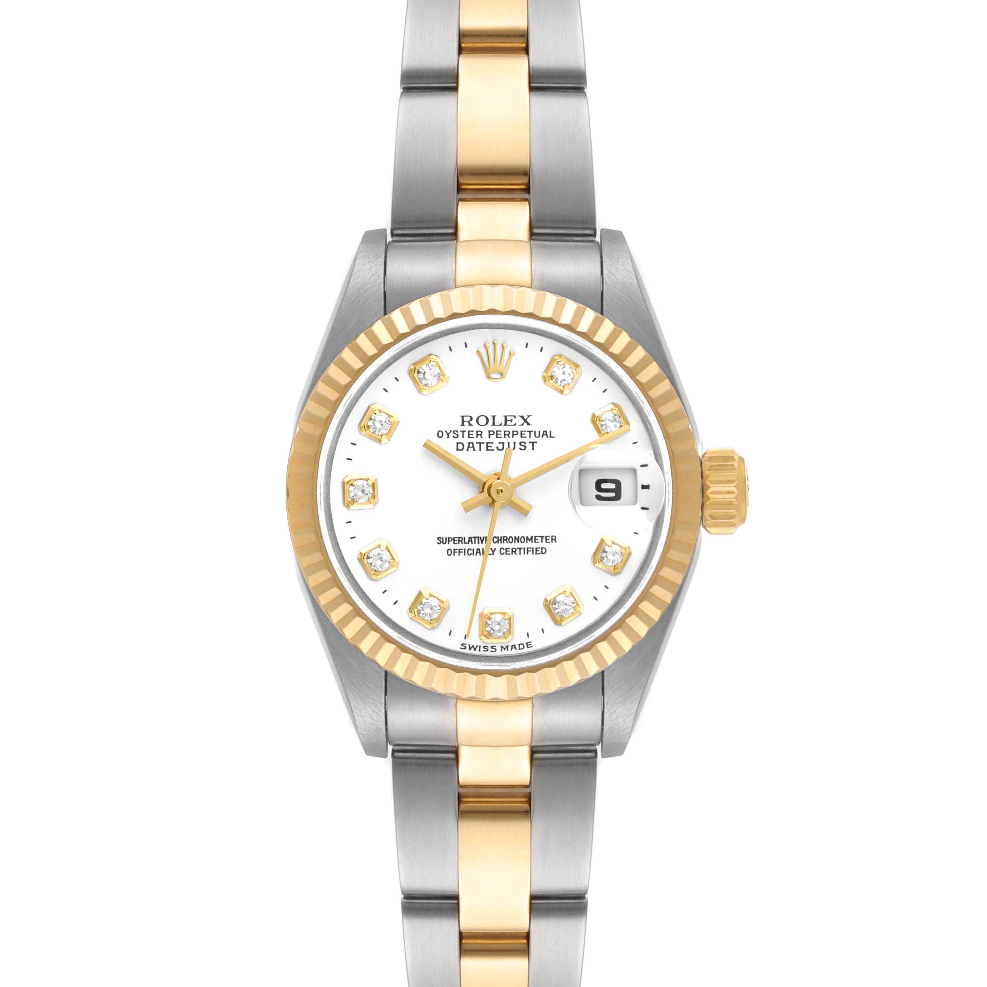 This image shows a Rolex Datejust 79173 Women's Steel and Gold (two tone) White Dial 79173 Women's Steel and Gold (two tone) White Dial watch from a top-down angle, highlighting its face, bezel, and bracelet.