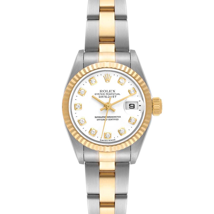 This image shows a Rolex Datejust 79173 Women's Steel and Gold (two tone) White Dial 79173 Women's Steel and Gold (two tone) White Dial watch from a top-down angle, highlighting its face, bezel, and bracelet.