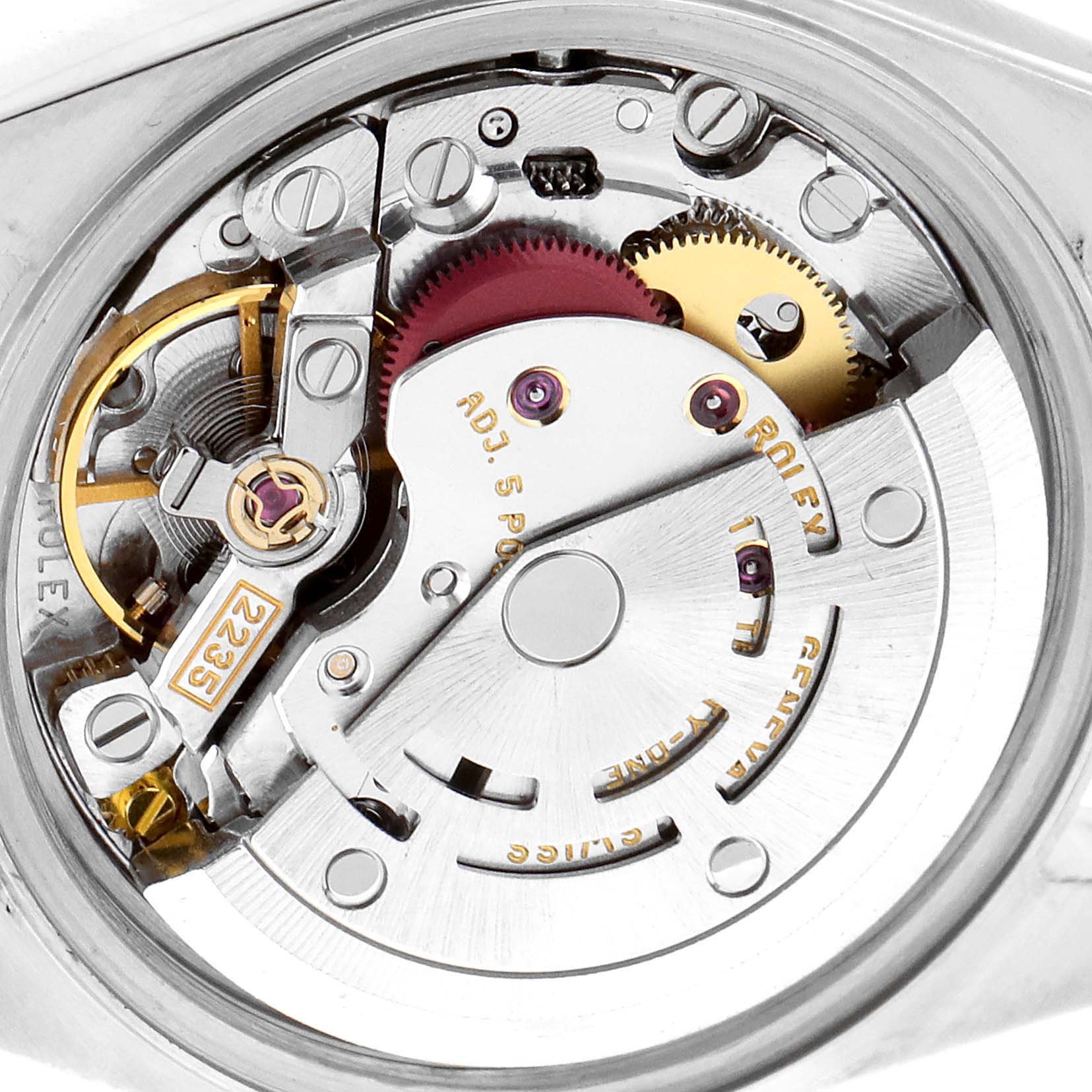 This image shows the movement mechanism of a Rolex Datejust 79173 Women's Steel and Gold (two tone) White Dial 79173 Women's Steel and Gold (two tone) White Dial watch from a close-up, top-down angle.