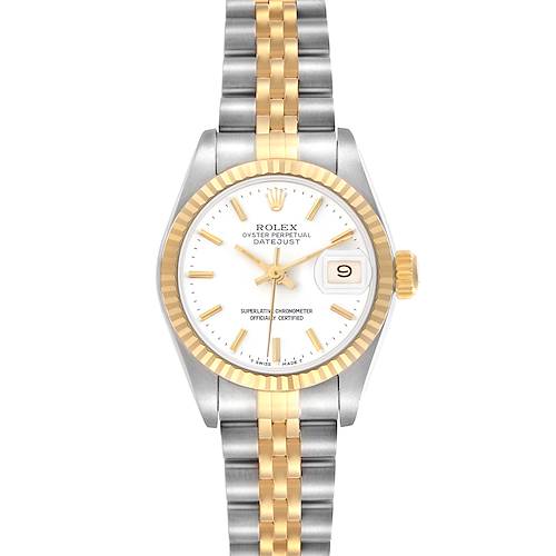 The Rolex Datejust 69173 Women's Steel and Gold (two tone) White Dial 69173 Women's Steel and Gold (two tone) White Dial is shown from a top-down angle, highlighting the dial, bracelet, and bezel.