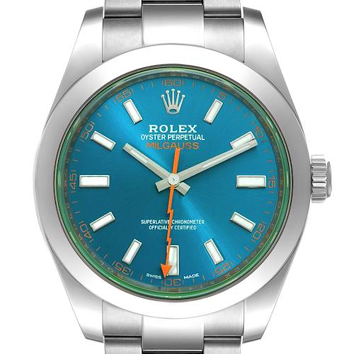 This image shows a frontal view of the Rolex Milgauss 116400GV Men's Stainless Steel Blue Dial 116400GV Men's Stainless Steel Blue Dial watch, highlighting the dial, bezel, and stainless steel bracelet.