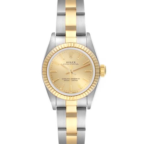 The Rolex Oyster Perpetual 67193 Women's Steel and Gold (two tone) Champagne Dial 67193 Women's Steel and Gold (two tone) Champagne Dial watch is shown from a top-down angle, displaying its face, bezel, and bracelet.