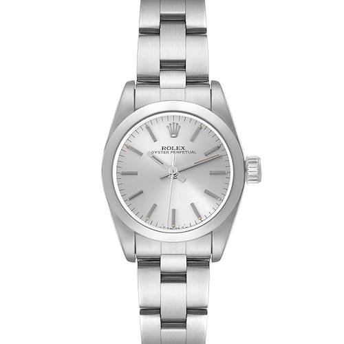 The image shows a front view of the Rolex Oyster Perpetual 67180 Women's Stainless Steel Silver Dial 67180 Women's Stainless Steel Silver Dial watch, highlighting the dial, bracelet, and crown.