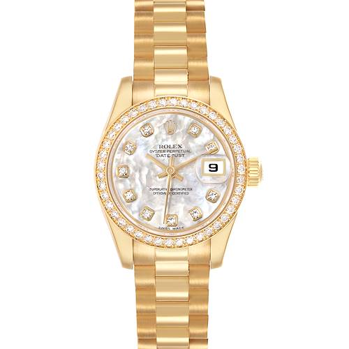 The Rolex President 179138 Women's Yellow Gold Mother of Pearl Dial 179138 Women's Yellow Gold Mother of Pearl Dial model watch is shown from a top view, displaying the dial, bezel, and bracelet.