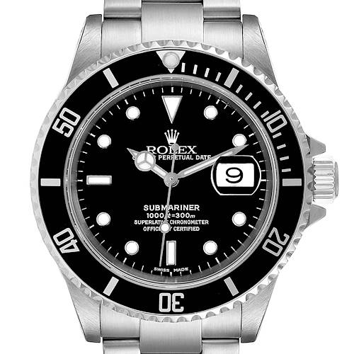 The image shows a Rolex Submariner 16610 Men's Stainless Steel Black Dial 16610 Men's Stainless Steel Black Dial watch with a black dial and bezel, displaying the face and part of the bracelet from a front angle.