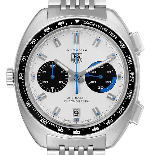 This image shows a frontal view of a Tag Heuer Autavia CY2110 Men's Stainless Steel White Dial CY2110 Men's Stainless Steel White Dial watch, highlighting its dial, bezel, crown, and chronograph sub-dials.