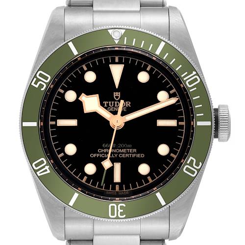 This image shows a front view of the Tudor Heritage Black Bay 79230G Men's Stainless Steel Black Dial 79230G Men's Stainless Steel Black Dial watch, highlighting its black dial, green bezel, and stainless steel bracelet.