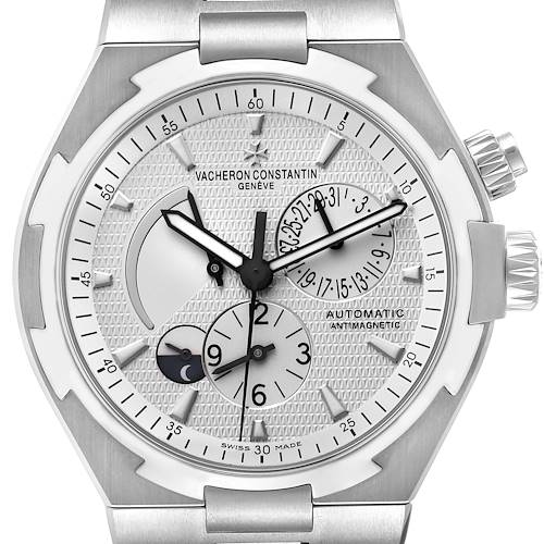 The Vacheron Constantin Overseas 47450/B01A-9226 Men's Stainless Steel Silver Dial 47450/B01A-9226 Men's Stainless Steel Silver Dial watch is shown from the front, highlighting its face, subdials, and textured detail.