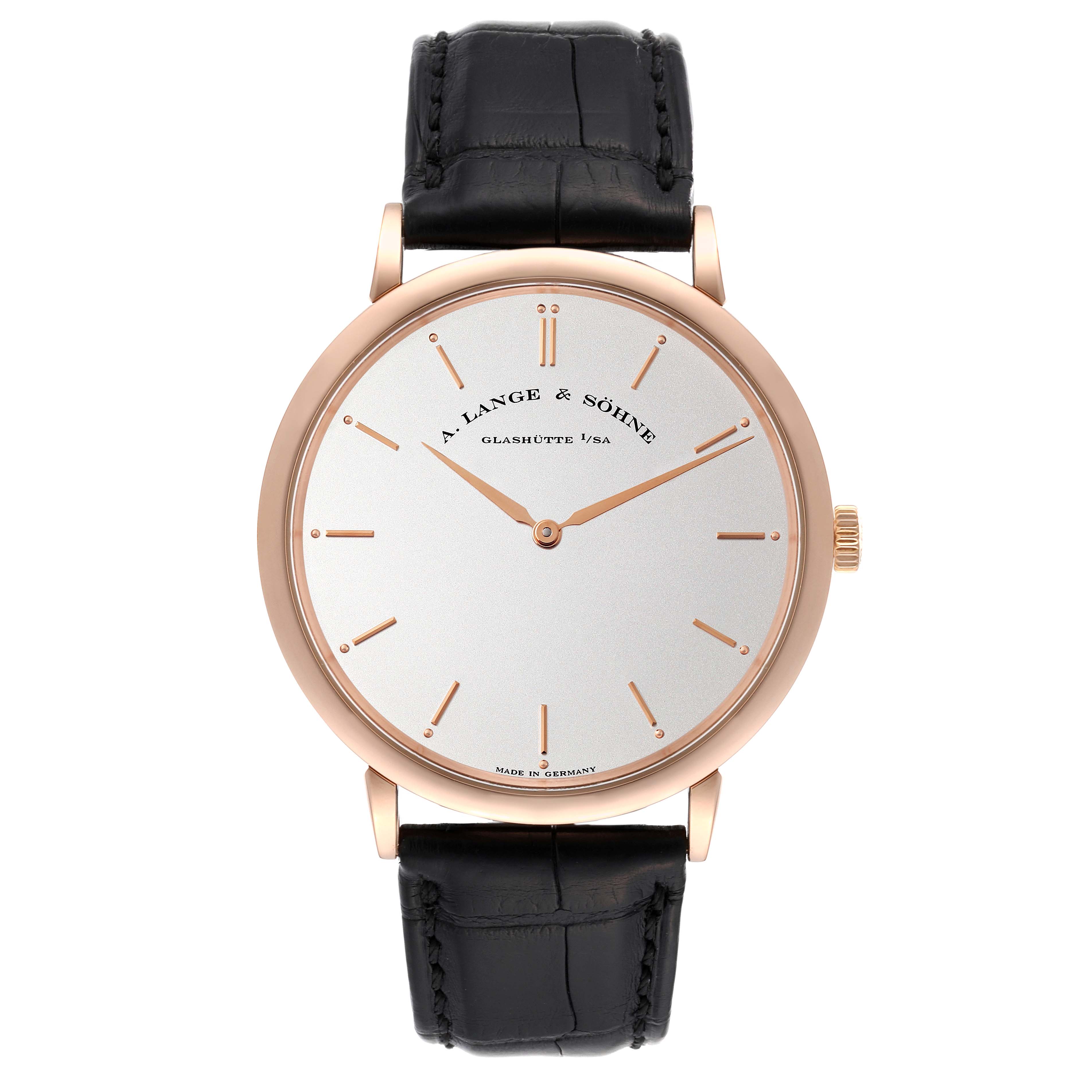 This image displays a top-front view of the A. Lange & Sohne Saxonia 211.032 Men's Rose Gold Silver Dial watch, highlighting its dial, hands, case, and strap.