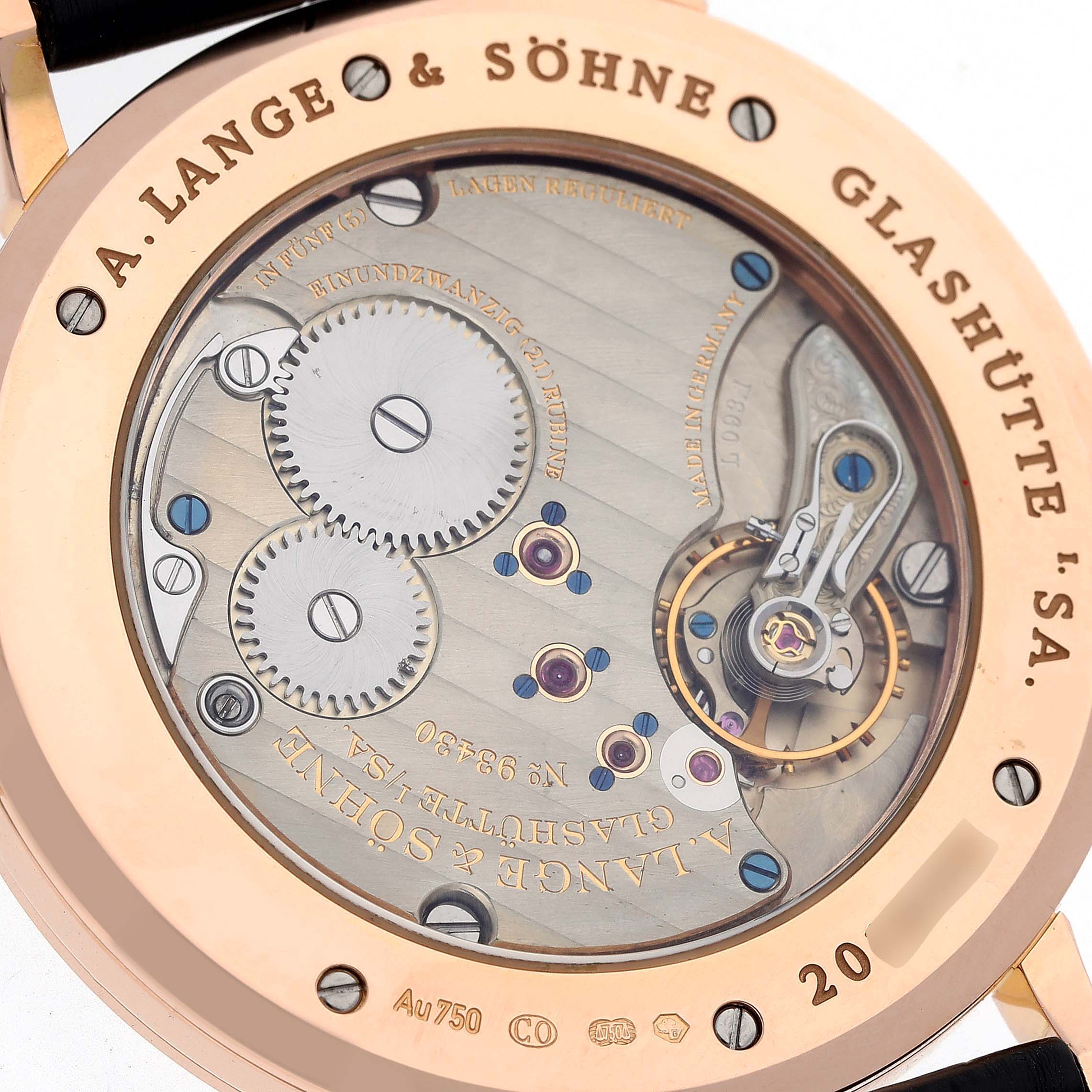 This image shows the back view of an A. Lange & Sohne Saxonia 211.032 Men's Rose Gold Silver Dial watch, detailing its intricate mechanical movement.