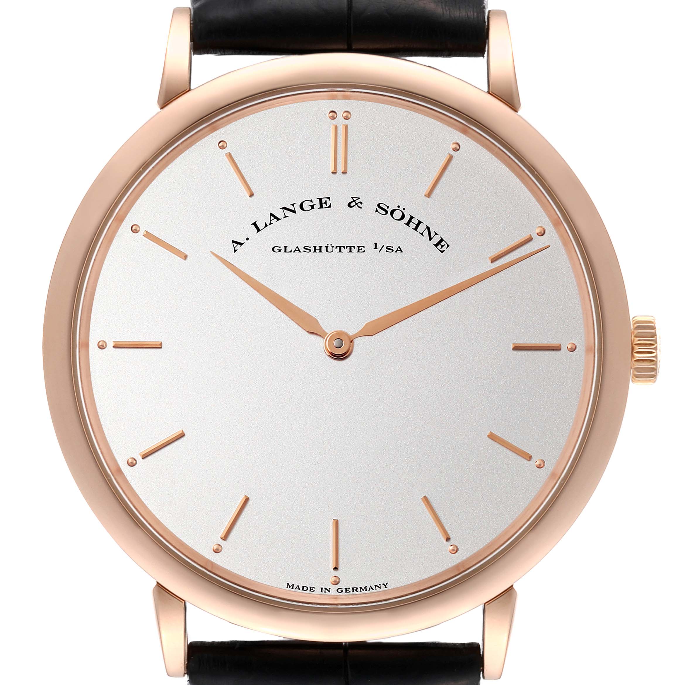 The A. Lange & Sohne Saxonia 211.032 Men's Rose Gold Silver Dial watch is shown from the front, highlighting the dial, hour markers, hands, and part of the strap.