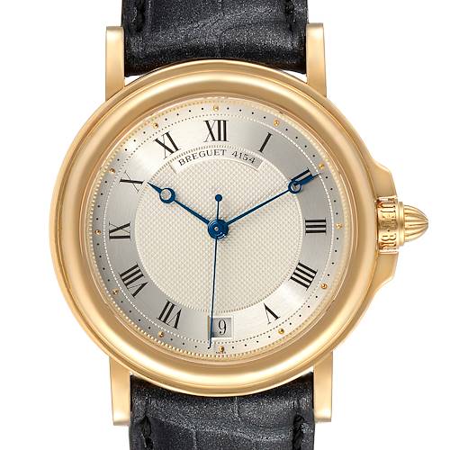 The image shows a front view of the Breguet Classique 4154G Men's Yellow Gold Silver Dial 4154G Men's Yellow Gold Silver Dial watch featuring a gold case, Roman numerals, blue hands, and a black leather strap.
