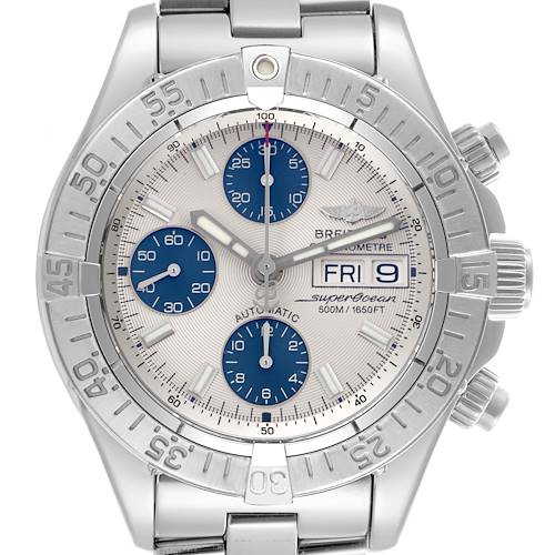The Breitling Superocean A13340 Men's Stainless Steel Beige Dial A13340 Men's Stainless Steel Beige Dial watch is shown from the front, displaying the face, bezel, dial, subdials, and bracelet.