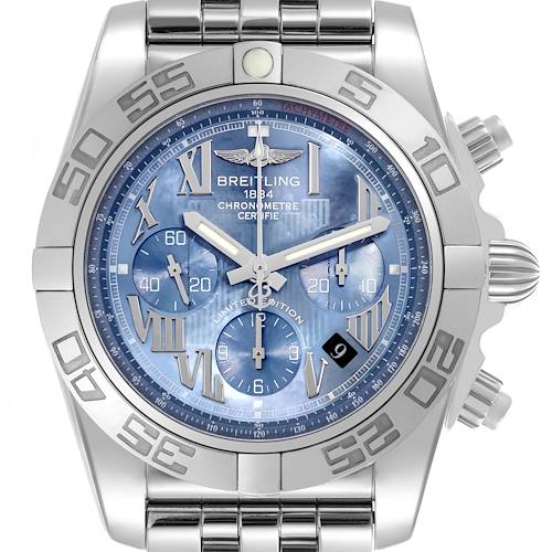 The Breitling Chronomat AB0110 Men's Stainless Steel Mother of Pearl Dial AB0110 Men's Stainless Steel Mother of Pearl Dial is shown from the front, highlighting the dial, bezel, and chronograph pushers.