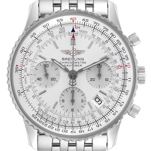 The Breitling Navitimer A23322 Men's Stainless Steel Silver Dial A23322 Men's Stainless Steel Silver Dial watch is shown from a front angle, displaying its face, bezel, subdials, and part of the metal bracelet.