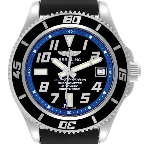 The Breitling Superocean A17364 Men's Stainless Steel Black Dial A17364 Men's Stainless Steel Black Dial watch is shown from the front, displaying its bezel, dial, hands, and date window.