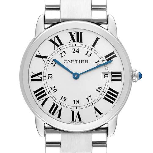 The Cartier Ronde W6701005 Men's Stainless Steel Silver Dial W6701005 Men's Stainless Steel Silver Dial watch is shown from the front, displaying its dial, Roman numerals, blue hands, and part of the metal bracelet.