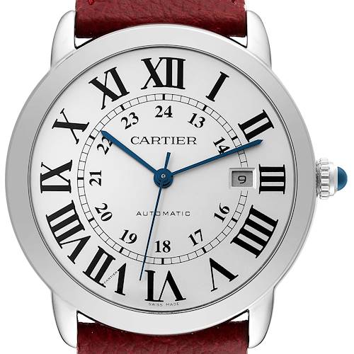 The Cartier Ronde W6701010 Men's Stainless Steel Silver Dial W6701010 Men's Stainless Steel Silver Dial model watch is shown from the front, displaying its white dial, Roman numerals, blue hands, and a date window.