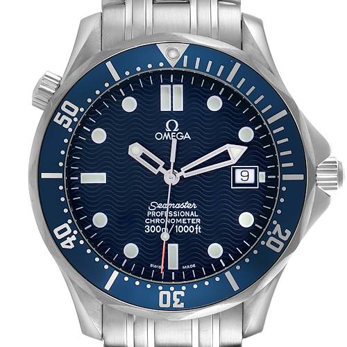 The Omega Seamaster 2531.80.00 Men's Stainless Steel Blue Dial 2531.80.00 Men's Stainless Steel Blue Dial watch is shown from a top-down angle, displaying its face, bezel, and part of the bracelet.